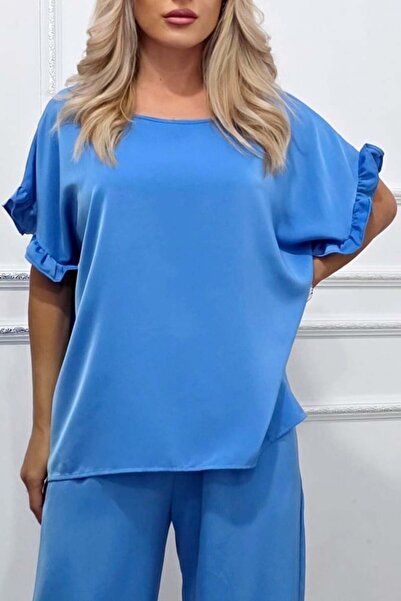 FashionForYou Bluza vaporoasa NORYA, cu maneca scurta si volane, Albastru des...