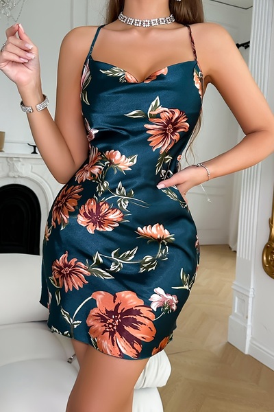 Merry See Printed Satin Nightgown Dress with Degaje Collar