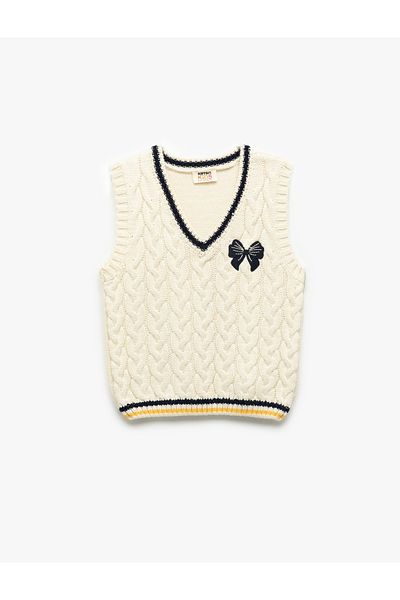 Koton V-Neck Knitted Textured Bow Detailed Sweater Sweater