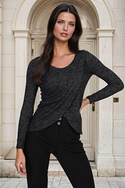 NEW LAVİVA Anthracite Round Neck, Relaxed Fit, Basic Blouse