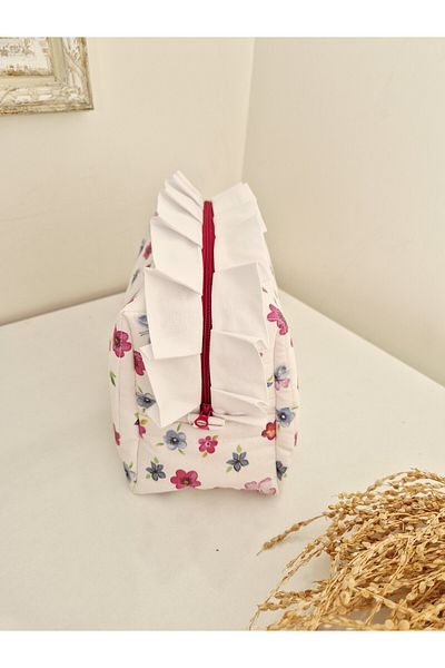 BABY KANGAROO Floral Makeup Bag – Large Size with White Ruffles, Quilted Cotton Travel Organizer