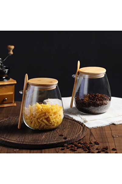 Qerhome Chubby 3-Piece Borosilicate Glass Jar with Bamboo Lid Spice Rack Set 600 ml