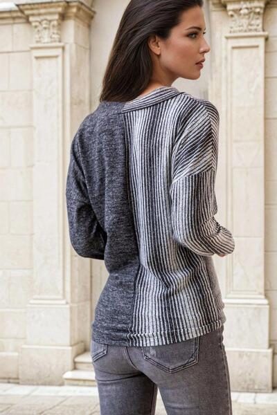 NEW LAVİVA Anthracite V-Neck, Color-Blocking, Long Sleeve, Stripe Detail Blouse