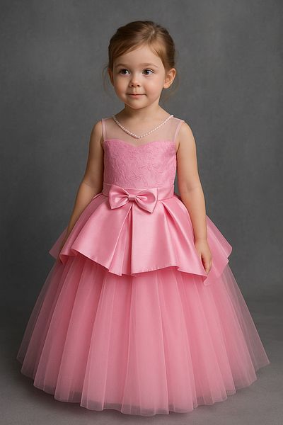 Magu Girl's Pink Tarlatan Evening Dress - Princess Model with Bow Tulle