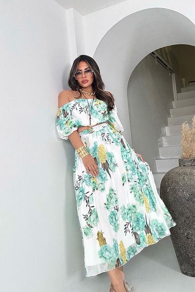 Sohotique By P Chiffon Madonna Collar Crop Skirt Suit Water Green