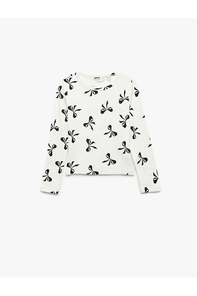 Koton Bow Pattern Long Sleeve Crew Neck Cotton T-Shirt