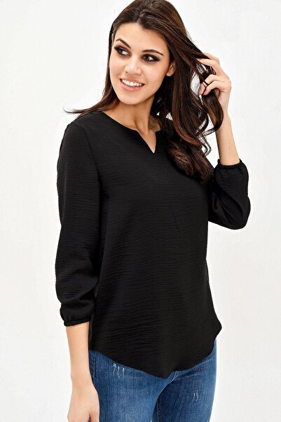 NEW LAVİVA Γυναικεία μπλούζα Airobin με μαύρο γιακά με σκίσιμο μανίκι τριών τετάρτων, ποιοτικό ύφασμα με υφή, κανονικό μέγεθος