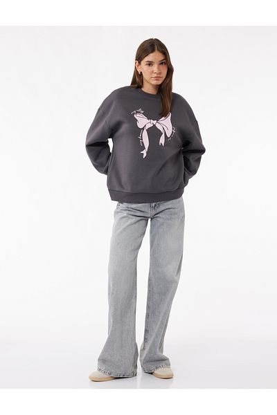 Koton Long Sleeve Crew Neck Hooded Bow Printed Sweatshirt