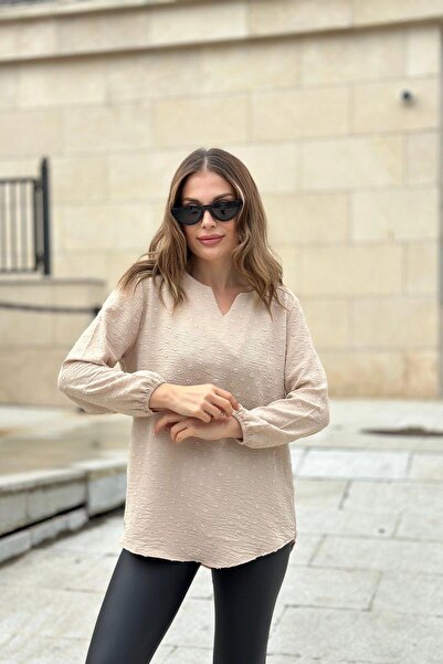 NEW LAVİVA Γυναικείο μπεζ μακρύ μανίκι τριών τετάρτων, γιακάς φιλιού, μπλούζα βασικής κοπής από ύφασμα Pompom - Κατάλληλο για Hijab