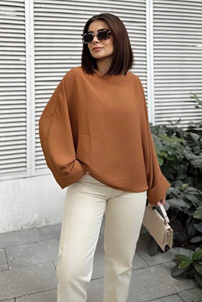 NEW LAVİVA Γυναικεία μαύρισμα Airobin Bat Διπλό μανίκι Φαρδιά Μπλούζα Extra Oversize Στρογγυλή λαιμόκοψη - Κατάλληλη για Hijab