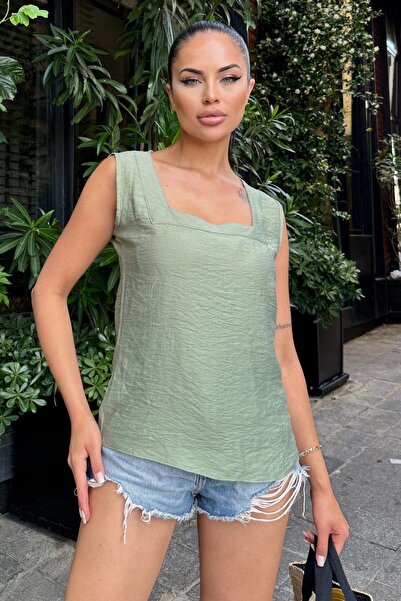 NEW LAVİVA Square Neck Loose Linen Women's Blouse - Khaki with Thick Straps