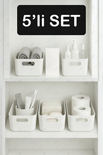 Fesya Home 5 Adet Banyo Düzenleyici Organizer Beyaz Renk Plastik Çok Amaçlı H...