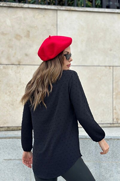 NEW LAVİVA Γυναικείο μαύρο μακρύ μανίκι τριών τετάρτων, γιακάς φιλιού, μπλούζα βασικής κοπής από ύφασμα Pompom - Κατάλληλο για Hijab