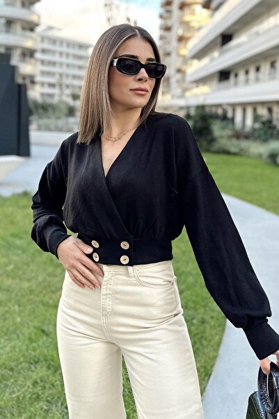 NEW LAVİVA Γυναικείο μαύρο μακρύ μανίκι με κουμπιά με λεπτομέρεια, μπλούζα με...