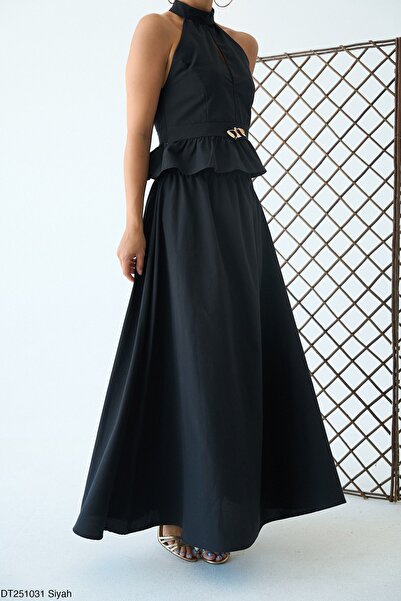 My Blog Czarny zestaw bluzki z halterem i spódnicy z czarną złotą klamrą - 251031