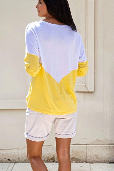 NEW LAVİVA White Yellow, V-Neck, Color-Blocking, Relaxed Fit, Basic Blouse