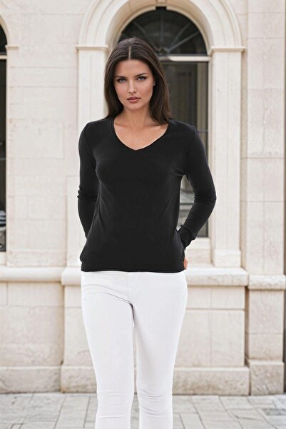 NEW LAVİVA Pulover negru cu decolteu în V, cu croiala lejeră