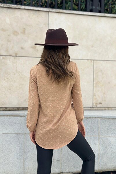 NEW LAVİVA Γυναικείο Camel μακρύ μανίκι τριών τετάρτων, γιακάς φιλιού, μπλούζα βασικής κοπής από ύφασμα Pompom - Κατάλληλο για Hijab