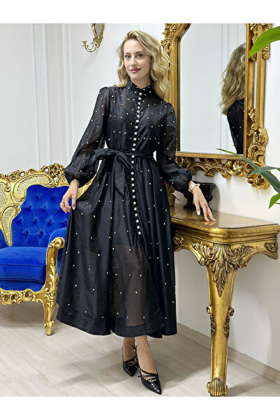 butikbanum Siyah Renk Taşlı Model İthal Özel Seri Elbise