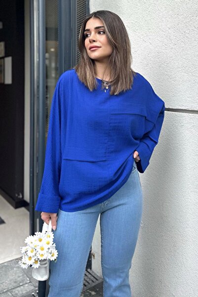 NEW LAVİVA Manșetă dublă lată indigo pentru femei, mânecă liliac, buzunar ornamental, bluză largi