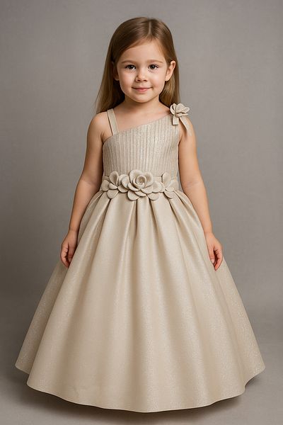 Magu Girl's Evening Dress - One Shoulder Glitter Flower Detailed Princess Model