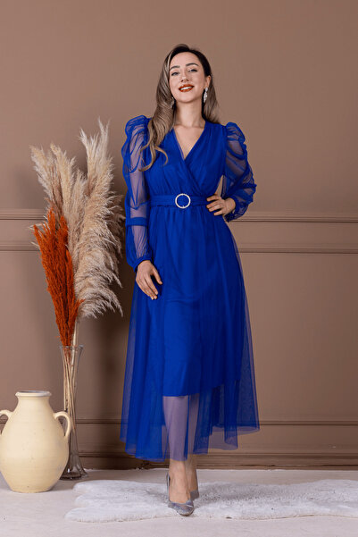 BEYBOS Tül Kumaş Kruvaze Yaka Taş Kemer Detaylı Elbise - SAKS MAVİ