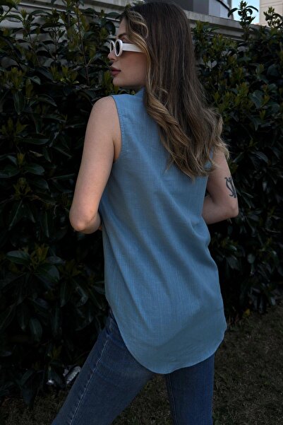 NEW LAVİVA Γυναικεία μπλε βασική εφαρμογή, μισή πατιλέτα, μηδενικό μανίκι, λινό μπλούζα