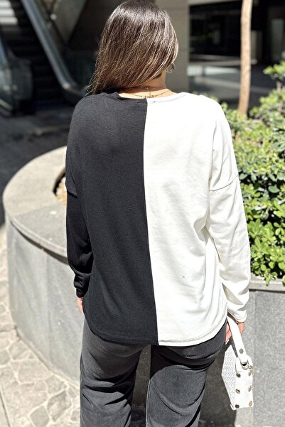 NEW LAVİVA Λευκό και μαύρο χρώμα μπλοκ, λαιμόκοψη V, μακρυμάνικο, γυναικεία βαμβακερή μπλούζα