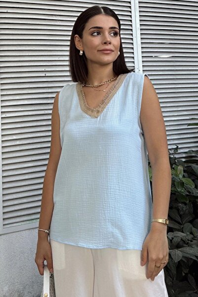 NEW LAVİVA Baby Blue Straw Λεπτομερής λαιμόκοψη V, Εισαγόμενο ύφασμα μουσελίνας, Βασική εφαρμογή, φαρδιά φανελάκια και εσώρουχα