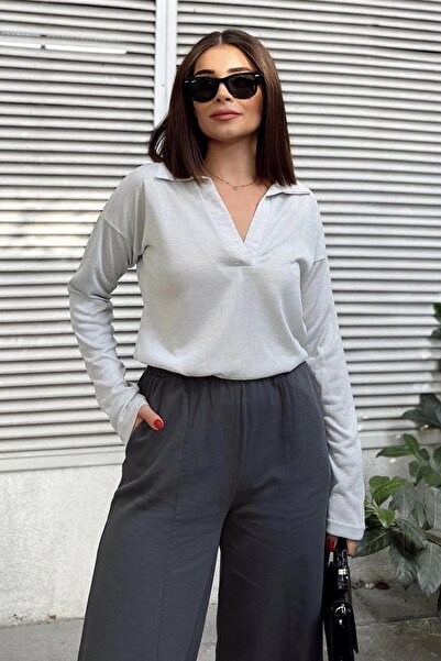 NEW LAVİVA Women's Mint Polo Collar Linen Blouse, Long Sleeve, Regular Cut, Casual and Sports Quality Fabric Sweatshirt