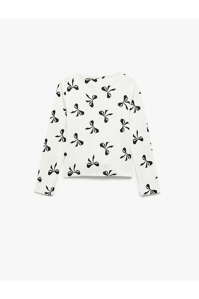 Koton Bow Pattern Long Sleeve Crew Neck Cotton T-Shirt