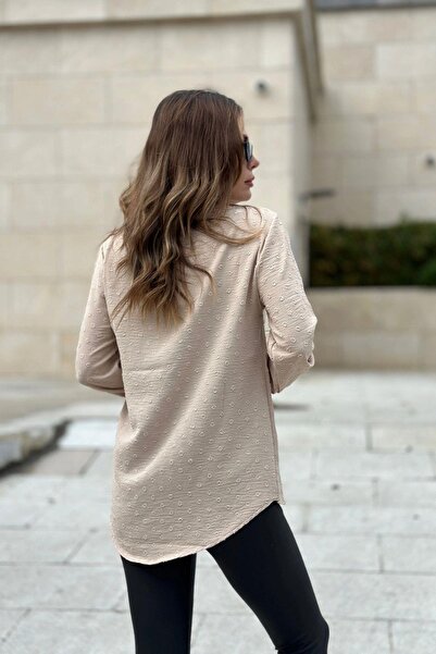 NEW LAVİVA Γυναικείο μπεζ μακρύ μανίκι τριών τετάρτων, γιακάς φιλιού, μπλούζα βασικής κοπής από ύφασμα Pompom - Κατάλληλο για Hijab