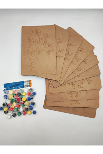 İCONS 10 Adet Ahşap Tuval Boyama + 10 Adet Boya+ 10 Adet Fırça, Papağan Görse...