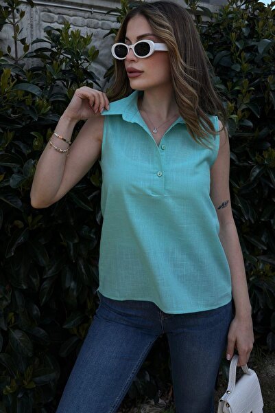 NEW LAVİVA Women's Turquoise Basic Cut, Half Placket, Zero Sleeve, Linen Blouse