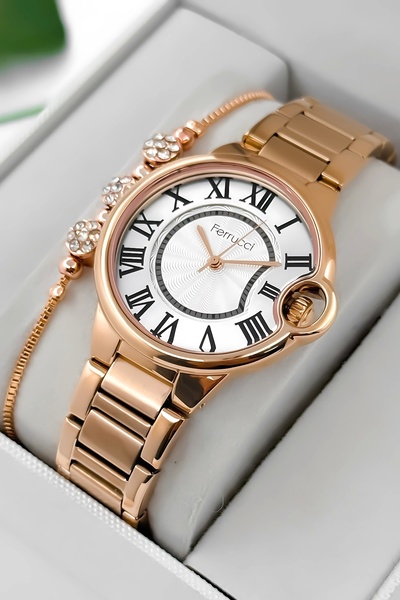 Ferrucci ساعة يد نسائية بسوار فولاذي وعلبة فولاذية، مقاومة للماء حتى 3 ATM، وردي zmfer195