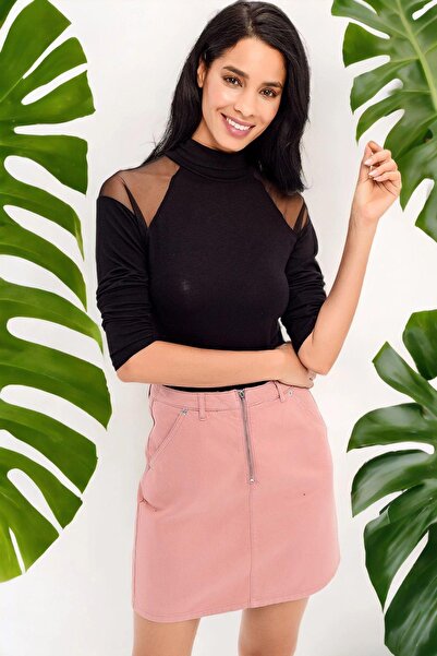 NEW LAVİVA Kadın Siyah Dantel Detaylı Yumuşak Dokulu Uzun Kol Bluz, Düz Kesim