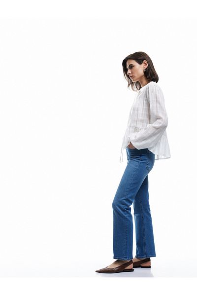 Koton High Waist Slim Fit Button Pockets Spanish Leg Crop Jean Pants - Flare Jeans