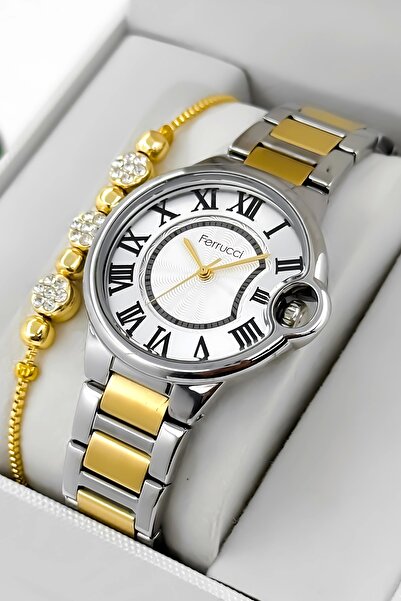 Ferrucci Steel Cord Steel Case Women Wrist Watch, 3 Atm Waterproof Silver-Gol...