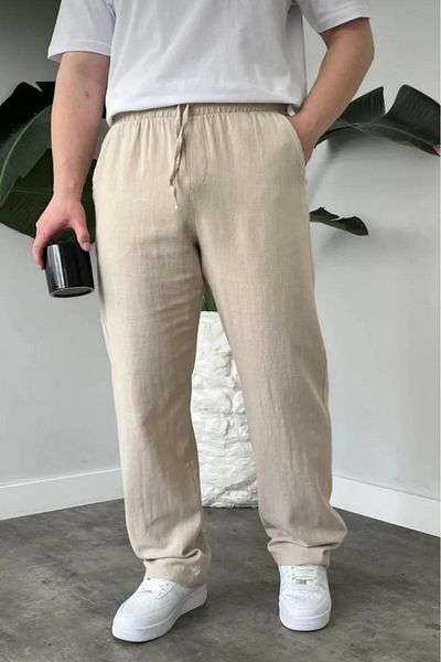 NO 601 Pantaloni largi pentru bărbați, bej, muselină de vară, amestec de in