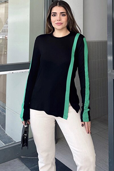 NEW LAVİVA Γυναικεία μαύρη στρογγυλή λαιμόκοψη, μακρυμάνικο, ριγέ λεπτομέρεια, άνετη μπλούζα με σκίσιμο