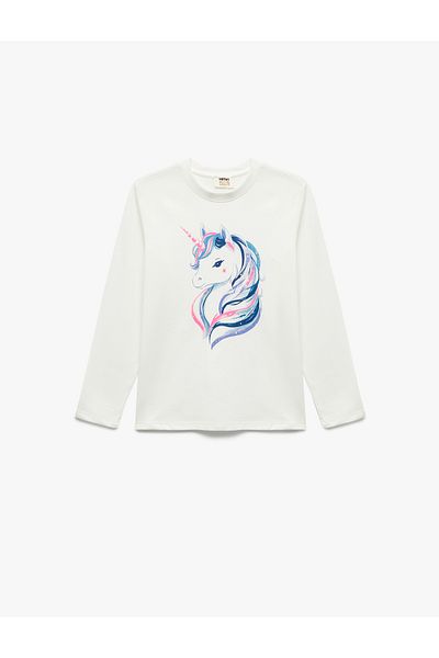Koton Cotton Long Sleeve Crew Neck Unicorn Printed T-Shirt
