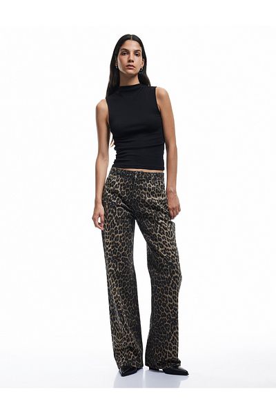 Koton Pantaloni din denim cu imprimeu leopard, cu buzunare cu nasturi, detaliu din bumbac - Jean drept mai lung