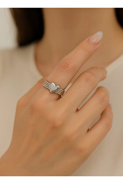 FAMEMUS ACCESSORY خاتم فولاذي قابل للتعديل على شكل قلب فضي اللون