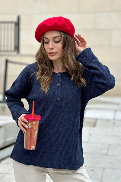 NEW LAVİVA Women's Navy Soft Texture Buttoned Knitwear Sweater, Long Sleeve, Regular Cut, Standard Size