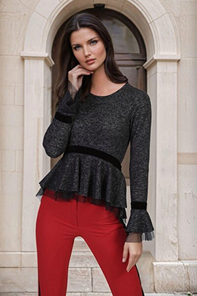 NEW LAVİVA Anthracite Embroidered Blouse with Round Neck, Sleeves and Skirt L...