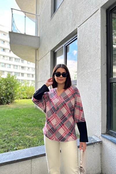 NEW LAVİVA Women's Dried Rose V-Neck Geometric Pattern, Color Block Bat Sleeve Sweater & Blouse