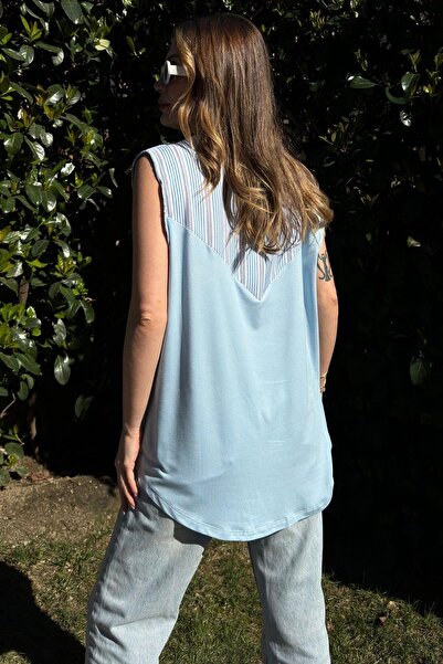 NEW LAVİVA Γυναικεία Μπλε Διπλό στήθος V-λαιμόκοψη, Αμάνικη, Color Block, Φαρδιά Μπλούζα