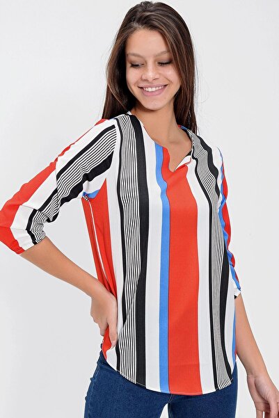 NEW LAVİVA Women's Red Collar Slit Crepe Blouse Three Quarter Sleeve Striped and Wear Out - Suitable for Hijab