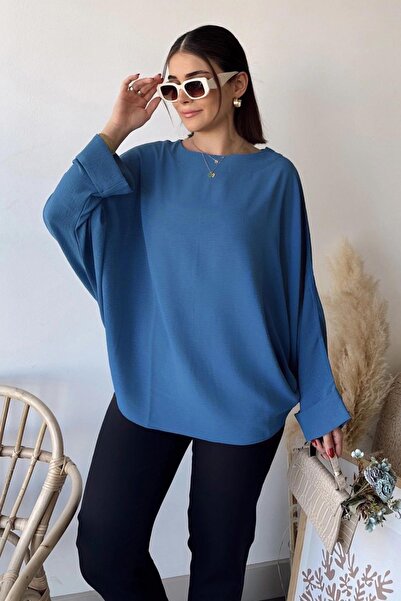 NEW LAVİVA Kadın İndigo Airobin Yarasa Duble Kol Salaş Bluz Ekstra Oversize Yuvarlak Yaka - Tesettüre Uygun