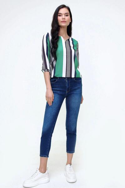 NEW LAVİVA Γυναικεία πράσινη & μπλε ναυτική μπλούζα κρεπ με σχισμή με λαιμόκοψη με ριγέ μανίκια και φορέματα - Κατάλληλο για ναυτικό